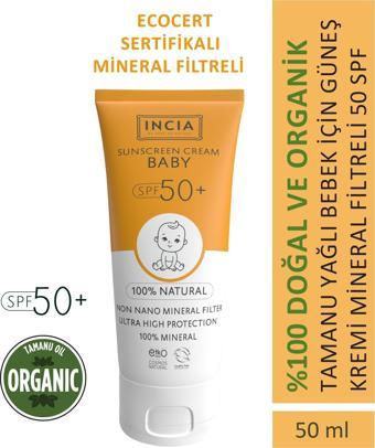 INCIA %100 Doğal Bebek Güneş Kremi Leke Karşıtı Mineral Filtreli Yüksek Koruma SPF50 UVA UVB 50 ml