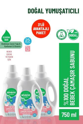Siveno %100 Doğal Bebek Çamaşır Sabunu Kendinden Yumuşatıcılı Bitkisel Deterjan Konsantre 750 ml X2 Adet