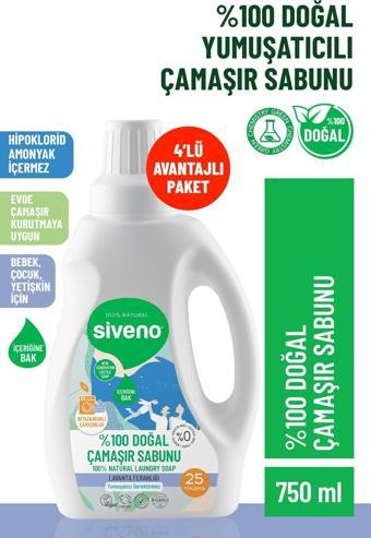 Siveno %100 Doğal Çamaşır Sabunu %100 Bitkisel Deterjan Yumuşatıcı Gerektirmez Konsantre 750 ml X4 Adet