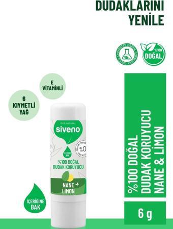 Siveno %100 Doğal Dudak Koruyucu Nane & Limon Bitkisel Lipbalm Krem Nemlendirici Parlatıcı Onarıcı 6 G