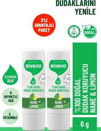 Siveno %100 Doğal Dudak Koruyucu Nane & Limon Lipbalm Krem Nemlendirici Parlatıcı Onarıcı 6 G X 2 Adet