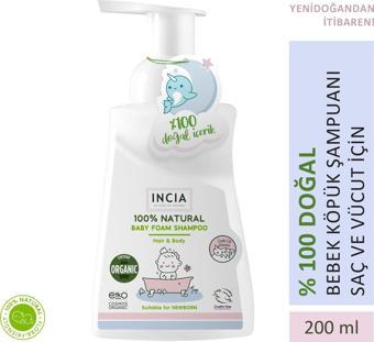 INCIA %100 Doğal Organik Sertifikalı Bebek Köpük Şampuanı Saç Vücut Lavanta Konak Önleyici Yenidoğan 200 ml