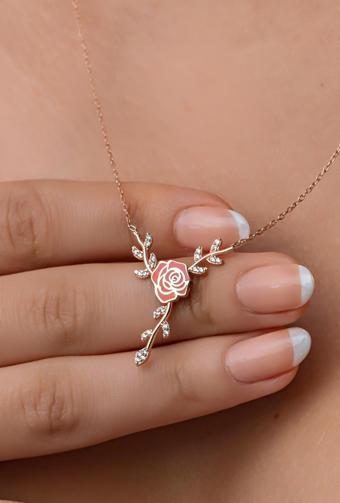 925 Ayar Gümüş Daldaki Kırmızı Gül Kolye