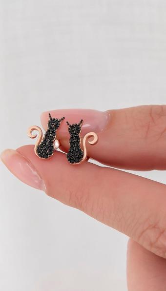 925 Ayar Minik Siyah Kedi Küpe Kadın Gümüş Küpe