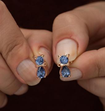 925 Ayar Tanzanit Taşlı Kedi Küpe Kadın Gümüş Küpe