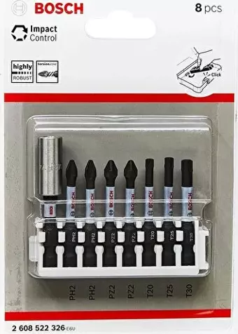 Bosch - Impact Control Serisi Vidalama Ucu 8'li PH2x2/PZ2x2/T20/T30 *50mm + Standart Tutucu *60mm