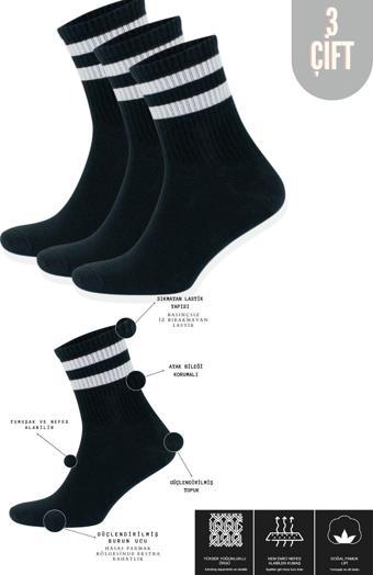 KRAL SOCKS Erkek Kadın (3 ÇİFT) Çizgili Kolej Tenis Çorabı Pamuklu Terletmez Çorap