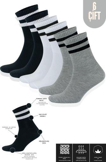 KRAL SOCKS Erkek Kadın (6 ÇİFT) Çizgili Kolej Tenis Çorabı Pamuklu Terletmez Çorap