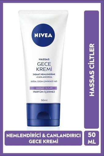 Hassas Ciltler İçin 24 Saat Nemlendirici Gece Bakım Kremi 50ml, Doğal Üzüm Çekirdeği, Canlandırıcı