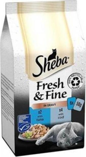 Sheba Pouch Fresh & Fine Sos İçerisinde Ton Balıklı ve Somonlu Yetişkin Konserve Kedi Maması 24 Adet 50 Gr