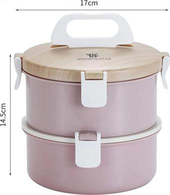 Vagonlife ( YUVARLAK ) Ahşap Desen  Lunch Box 1600Ml. XC-008 - PEMBE