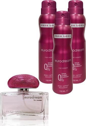 FREE LOVE Eurodream Edp Kadın Parfüm 100  ml  Ve Deodorant 150 ml 3 Adet