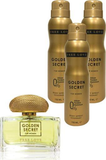 FREE LOVE Golden Secret Edp Kadın Parfüm 100 ml Ve Deodorant 150 ml  3 Adet