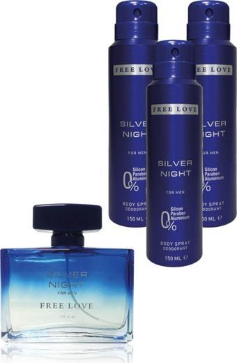 FREE LOVE Silver Night EDP Erkek Parfüm 100 ml ve Deodorant 150 ml 3 Adet