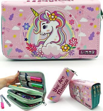 Kalem Kutusu Unicorn Bahar Temalı Kawai Organizer Kalemkutu Vegan Deri Üç Bölmeli Kalemlik- Yeşil