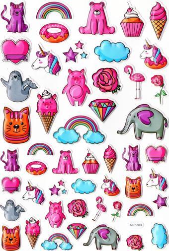 Sticker Kabartmalı A4 Boyutunda Stiker Defter, Planlayıcı Etiket-(lim503) - Pembe Temalı Unicorn Dondurma