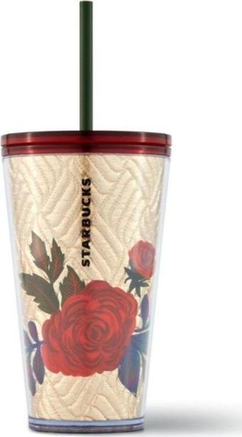 Starbucks ® Çiçek Desenli Pipetli Altın Termos 473 Ml