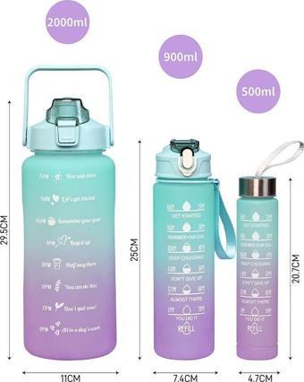 Rossel Premium Motivasyonel 3lü Set Su Matarası Su Şişesi Suluk 2lt+900ml+600ml ENF-432