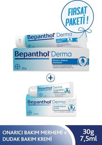 Bepanthol Onarıcı Bakım Merhemi 30 gr + Dudak Kremi 7,5 ml l Avantajlı Günlük Bakım Seti