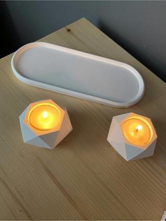Geometrik Tealight Beton Mumluk, Oval Tabaklı Dekoratif Hediyelik Set Ham Beyaz Renk Beyaz
