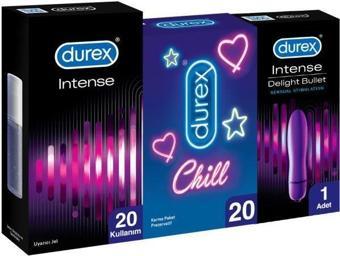 Durex Chill Prezervatif 20’li +Durex Delight Bullet Titreşimli Vibratör +Intense Uyarıcı Jel, 10 ml