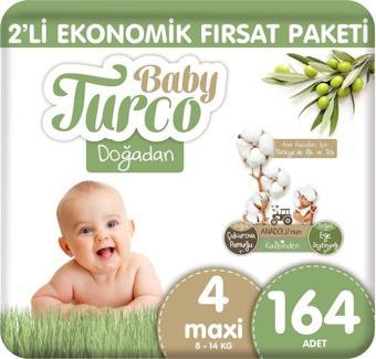 Baby Turco Doğadan 2'Li Ekonomik Fırsat Paketi Bebek Bezi 4 Numara Maxi 164 Adet