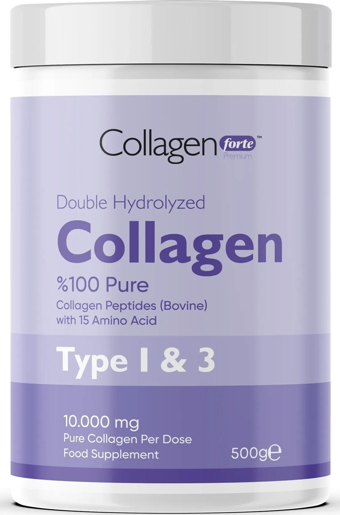 Collagen Powder 500g, %100 Saf, Doğal Çift Hidrolize Kolajen Peptitler (50 PORSİYON)