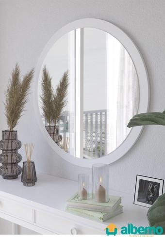 usta mekan Beyaz Ahşap Dekoratif Yuvarlak Antre Hol Koridor Duvar Salon Mutfak Banyo Wc Ofis Aynası 42 Cm