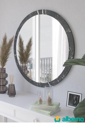 usta mekan Siyah Mermer Ahşap Dekoratif Yuvarlak Antre Koridor Duvar Banyo Wc Ofis Aynası 42 Cm