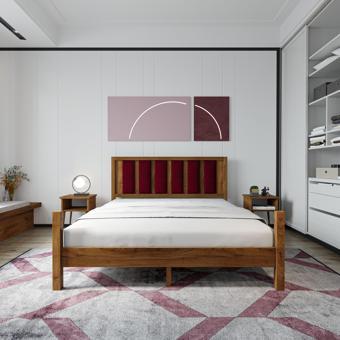 Renazzo Mobilya Orion Model Bordo Renk Puflu Başlıklı Ceviz Renk Çam Ahşap Karyola Ve İki Komodin Set 180x200 cm