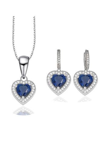 Diamond  Model Lusso Elegant Sapphire Heart Kadın Kolye Küpe Seti