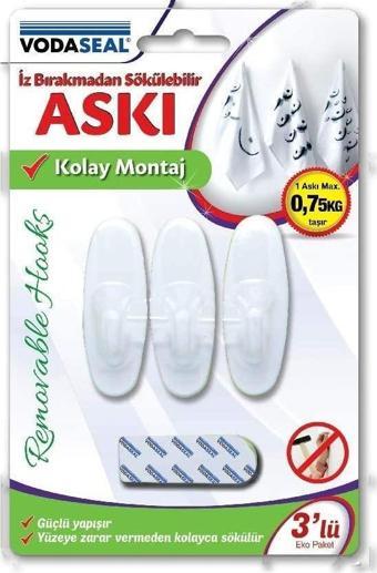 Vodaseal Iz Bırakmadan Sökülebilir Askı Beyaz Oval 3'lü