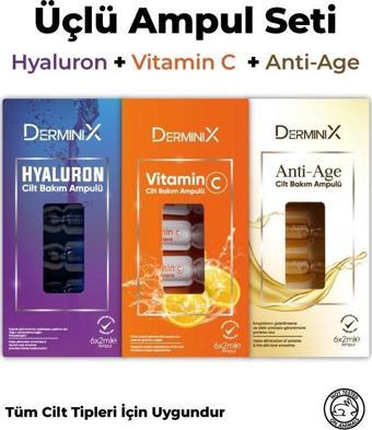 Derminix 3'lü Cilt Bakım Ampul Seti / Hyaluron Ampul + Vitamin C Ampul + Anti Age Ampul