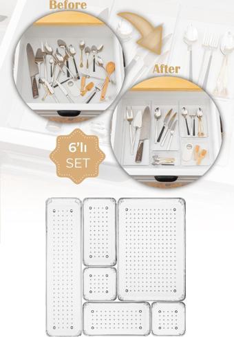 6lı Şeffaf Çekmece Içi Düzenleyici Organizer 1x(O.DKDRTGN, D.DKDRTGN) 2x(K.KARE, K.DKDRTGN)