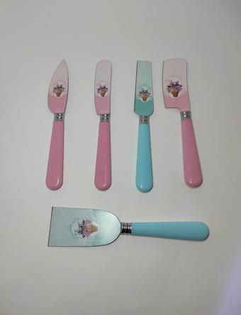 5 Parça Dekoratif Çiçek Desenli Mini Pasta Bıçak Seti Sürme,Kesme,Spatula,Peynir Bıçağı