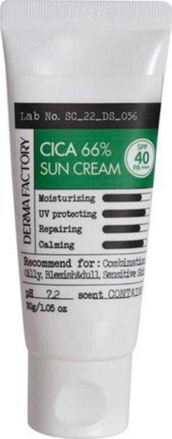 Derma Factory %66 Centella Asiatica İçeren Yatıştırıcı Güneş Kremi Derma Factory Cica Sun Cream sp40 pa+++ 30gr