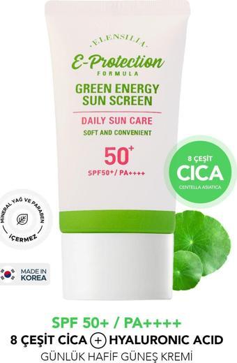 Elensilia 8Çeşit Cica ve Hyaluronic Acid,Nemlendirici Kore Güneş Kremi Elensilia Green Energy Sun SPF50+PA++++