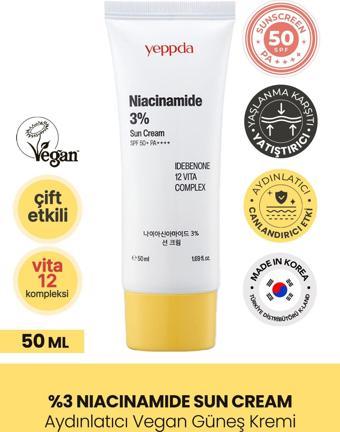 Yeppda %3 Niacinamide İçeren Aydınlatıcı Vegan Güneş Kremi Yeppda Niacinamide Sun Cream SPF50+ PA++++ 50ml