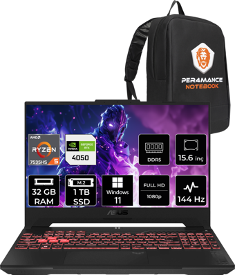 Asus Tuf Gaming R5 7535Hs 32Gb 1Tb Ssd 4050/6Gb 140W 15.6'' Fhd W11H Lp158 & Per4 Çanta