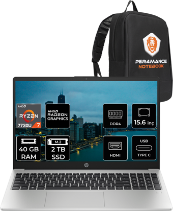 Hp 255 G10 Ryzen 7 7730U 40Gb Ram 2Tb Ssd 15.6'' Fhd Fdos 8A548Ea & Per4 Çanta 