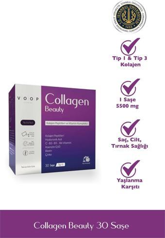 Voop Collagen Beauty Tip 1 ve Tip 3 5500 mg Nar Aromalı Hyaluronic Asit+Q10+Biotin+Çinko 30 Saşe 7 gr