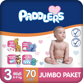 Paddlers Bebek bezi 3 Numara Midi 70 Adet (4-9 Kg) Jumbo Paket