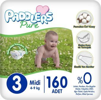 Paddlers Pure Bebek Bezi 3 Numara Midi 160 Adet (4-9 Kg) Ekstra Aylık Paket