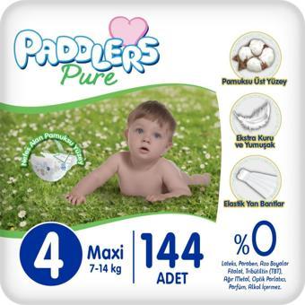 Paddlers Pure Bebek Bezi 4 Numara Maxi 144 Adet (7-14 Kg) Ekstra Aylık Paket