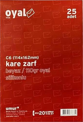 Oyal Kare Zarf Beyaz 110 Gr. 25'li  ( 114 X 162Mm )