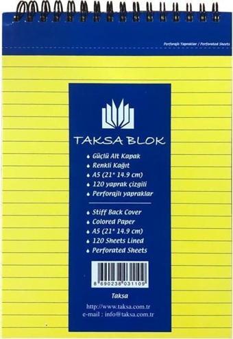 Taksan Renkli Bloknot A5 120 Yaprak Çizgili