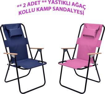 Exent 2' li Yastıklı yüksek sırtlı katlanır büyük boy kamp piknik sandalyesi, ağaç kollu-LACİVERT VE PEMBE