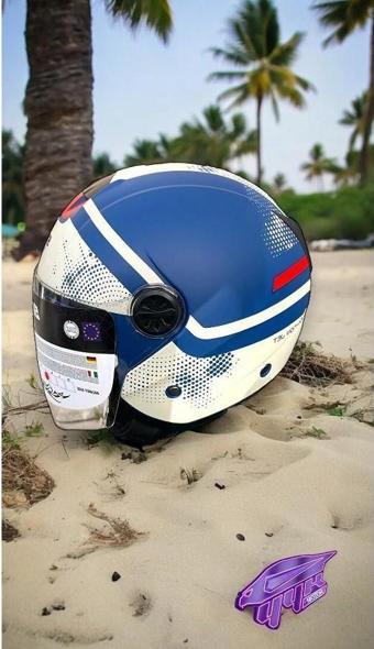 Sway 715 Şeffaf Vizörlü Yarım Motosiklet Scooter Kaskı M Beden Blue Beıge