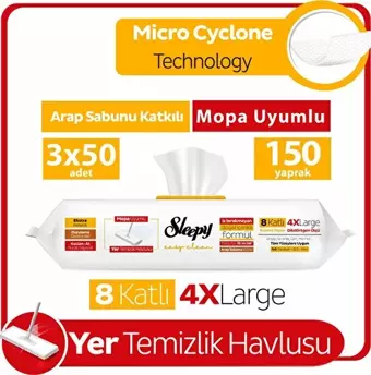 Sleepy Easy Clean Arap Sabunu Katkılı Mopa Uyumlu Yer Temizlik Havlusu 3X50 (150 Yaprak)