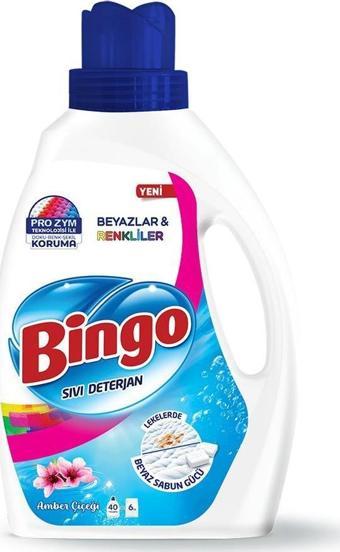 Bingo Sıvı Çamaşır Deterjanı Beyazlar ve Renkliler İçin Amber Çiçeği 2600 ml 6'Lı 240 Yıkama